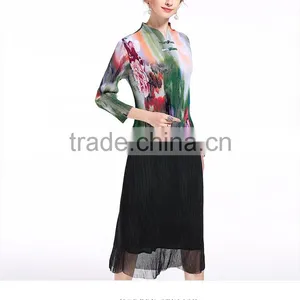 Chinese Ink and Wash Panting Double Buttons for Women Folding Dress thumbnail-3