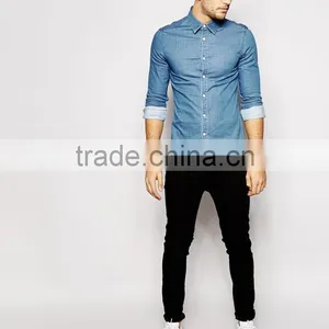Skinny Denim Shirt With Long Sleeves In Mid Wash thumbnail-4