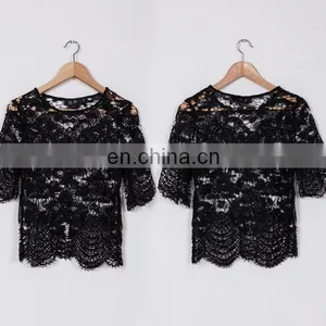 2016 Black Lace Ladies Fashion Tops And Blouses For Women thumbnail-6