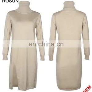Women Turtleneck Long Sleeves Ribbed Split Side Knit Dress thumbnail-3