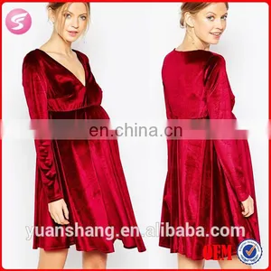 Long Sleeve Maternity Velvet Plunge Front Midi Skater Dress For Women thumbnail-1