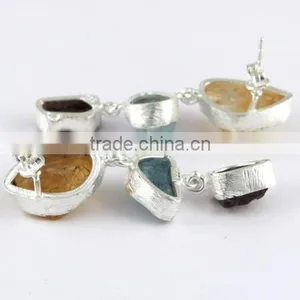 Designer Rough Citrine & Aquamarine & Garnet Silver Earring, Gemstone Silver Jewelry, Handmade Silver Jewelry thumbnail-6