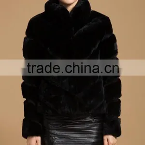 Rex14046 Wholesale Fashion New Design Rex Rabbit Fur Coat Black thumbnail-1