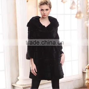 Rex14016 100% Real Women Rex Rabbit Fur Coat Black thumbnail-1