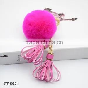 New Leather Tassel Fur Keychain Real Rabbit Fur Pom Pom Key Chain thumbnail-1
