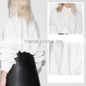 Women's White Stand Collar Roll-up Sleeve Long Blouse thumbnail-6