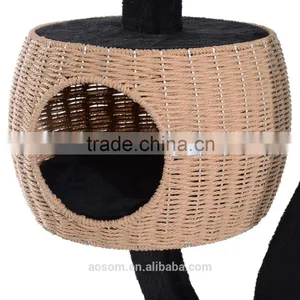 Pawhut 50" Cat Tree Tower With Woven Condo - Black/Beige thumbnail-4
