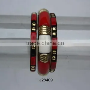 Red Bone and Metal Combination Mosaic Bracelet on Brass Base Set of 3 Pcs thumbnail-1