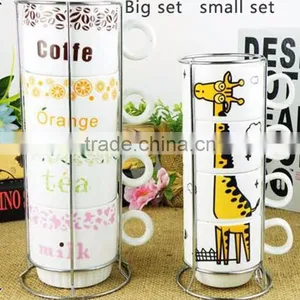 Porcelain 4 Stackable Coffee Mugs With Metallic Rack Set thumbnail-1