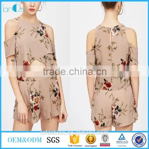 Two Piece Set Women Clothing Floral Print Cold Shoulder Crop Split Top With Shorts thumbnail-1
