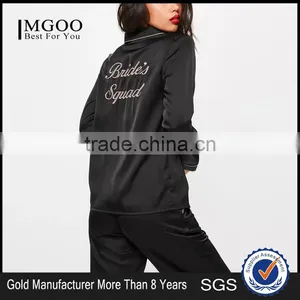 Custom Logo Back Embroideried Pajama Set White Piping Long Pajama Set Black Long Sleeve Top With Long Pants Nightwear thumbnail-1