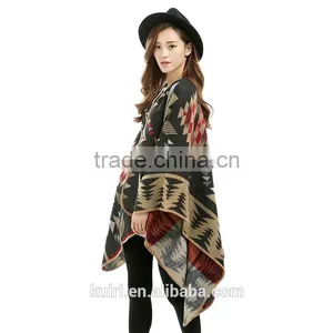 Poncho Women Cashmere Shrug Warm Flower Pattern Slit Wool Blend Plaids Blanket Cloak Poncho Cape Coat Printed Cardigan Shawl thumbnail-2