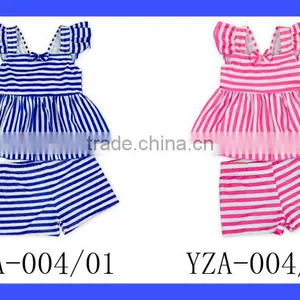 Children Striped Blue Flutter Sleeve Young Girl Separable Top Matching Shorts Kids Beach Clothes Swimwear Set thumbnail-6