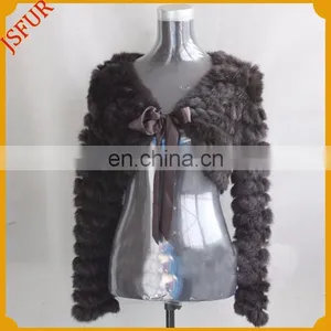Real Rabbit Fur Knit Jacket Ribbon Bowknot Trim V-nick Long Sleeve Knitted Rabbit Fur Shawl and Cape thumbnail-3