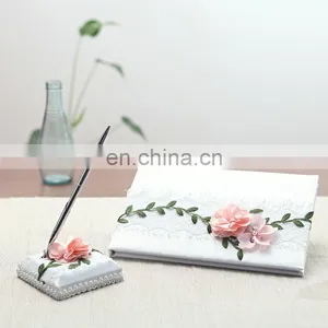 Pink Flower With Leaf Wedding Guest Book and Pen Holder Set Party Ceremony Accessories Signature Book Wedding Party Favors thumbnail-2