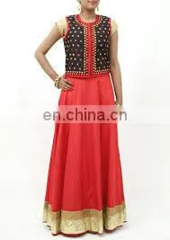 Indian Georgette Red Gotta Patti Lehenga Skirt Gyspy Bohemian Belly Dance Hippie Boho Skirts For Navratri With Tassel Wholesale thumbnail-1