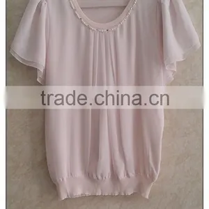 Sweet Pink Chiffon Knitting Wear Short Sleeve Chiffon Girl T-shirt thumbnail-1