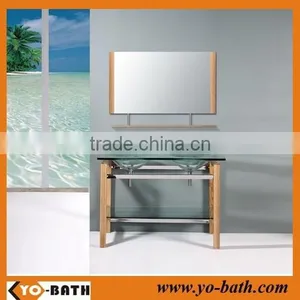 Double Bowl Ash Wood French Bathroom Vanity Cabinet With Glass Wash Basin thumbnail-1
