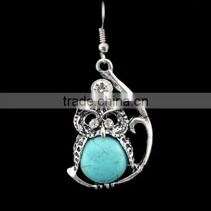 New Arrival Fashion Bohemia Owl Silver Plated Turquoise Pendant Alloy Earrings thumbnail-2
