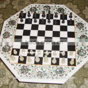 Marble Inlay Chess Design Handmade Coffee Table Top thumbnail-1