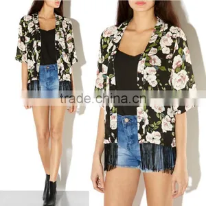 Wholesale Women New Fashion Floral Printed Chiffon Shawl Tops Fringe Tassel Vintage Print Loose Kimono Beach Cover Up Beachwear thumbnail-1