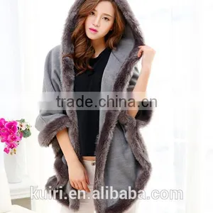 New Winter Warm Elegant Faux Mink Collar Fur Hooded Cape Plaid Sleeveless Women Coat thumbnail-2