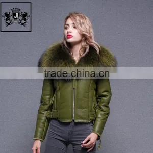 Top Quality Large Fluffy Real Raccoon Fur Collar Jacket Sheepskin Coat Women Genuine Sheep Leather Jacket thumbnail-3