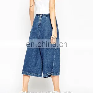 2015 New Fashion Denim Culottes Pants in Mid Blue Wash for Women thumbnail-3