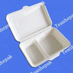 1000ml Double Grid Lunch Box 9 * 6 Degradable Environmental Protection Lunch Box Take Out Pulp Bagasse Lunch Box Disposable Lunch Box Single Double Grid Salad Box thumbnail-1