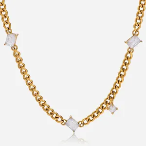 Custom Round Stainless Steel Rhinestone Charm Necklace - 18K Gold Plated thumbnail-4