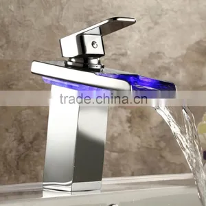 Contemporary Solid Brass Single Handle Led Widespread Waterfall Bathroom Sink Faucet Chrome Finish Single Hole One Handle Widesp thumbnail-4