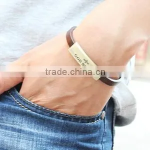 >>New Arrival God Bless Cross Leather Bracelet/ thumbnail-4