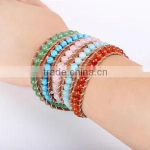 the Sea Blue Pink Crystal Bracelet Fashion Agate Beads Charm Bracelet Women Jewelry 5 Coil Winding Leather Bracelet Bangles thumbnail-4