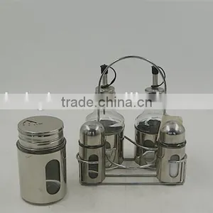 Set of 5 Glass Oil Vinegar Bottle Spice Jar Set Cruet Set With Metal Coat Shelf thumbnail-3
