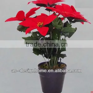 RED ARTIFICIAL VELVET POINSETTIA FLOWER BUSH X 6 W/6 PCS POINSETTIA FLOWER HEAD ON PLASTIC PLANTER thumbnail-1