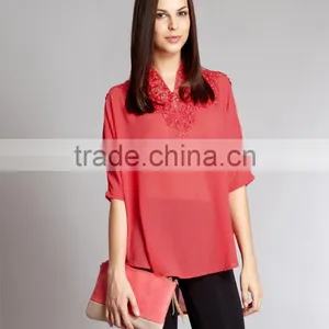 Ladies Tunic Top Wholesale, Large Lace Decoration Woman Top,chiffon Top thumbnail-2