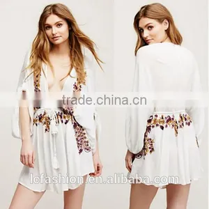 Wholesale V-neck Maxi Design Top Black Long Sleeve Embroidery Sexy Mini Top thumbnail-3