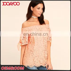 Women New Top Design Lovely Short Sleeve Off-the-Shoulder Peach Lace Top thumbnail-1