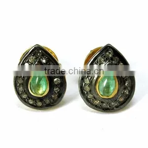 Finesque !! Pear Shape Emerald & Diamond Gold Polish 925 Sterling Silver Earring, Dangler SIlver Earring, Silver Jewellery thumbnail-2