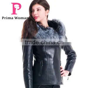 2015 Winter Leather Short Slim Fit Embroidered Women Coat With Belt Silver Fox Fur Hat thumbnail-1