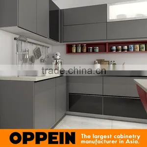 Red & Grey Tempered Glass Lacquer MDF Wooden Kitchen Cabinet With Island Design thumbnail-6