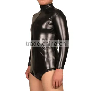 Hot! Black Coated Sexy Men Costume Round Neck Catsuit Gay Jumpsuits Cosplay Romper Bodysuit Long Sleeve Shiny Lingerie thumbnail-1
