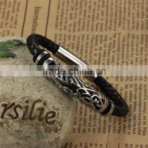 Fashion Mens Jewelry Customrized Logo Stainless Steel Beads Leather Bracelet thumbnail-2