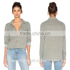 New Style Autumn Women Army Olive Grey Twill Shirt Factory Price thumbnail-5