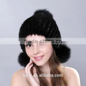 2015 Winter Natural Mink Fur Caps Genuine Mink Fur Knitted Hat Fashion Women Headwear thumbnail-2
