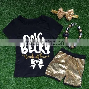 Baby Girls Boutique Clothing Girls OMG BBECKY Shorts Girlsd Summer Clothing Short Sleeve Black Outfits With Accessories thumbnail-1