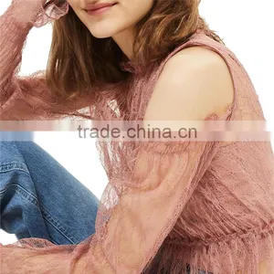 2017 OEM Spring Romantic Pink Lace Frill Strapless Women's Blouses thumbnail-3