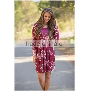B40989A Fashion Print Flowers Dress Women Long Sleeve Crewneck Dress thumbnail-6