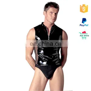 Hot Sexy Black Wet Look Leather Catsuit For Men thumbnail-2