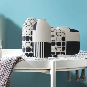 Minimalism Hand Paint White Black Stripe Grid Ceramic Flower Vase For Showroom Decor thumbnail-2